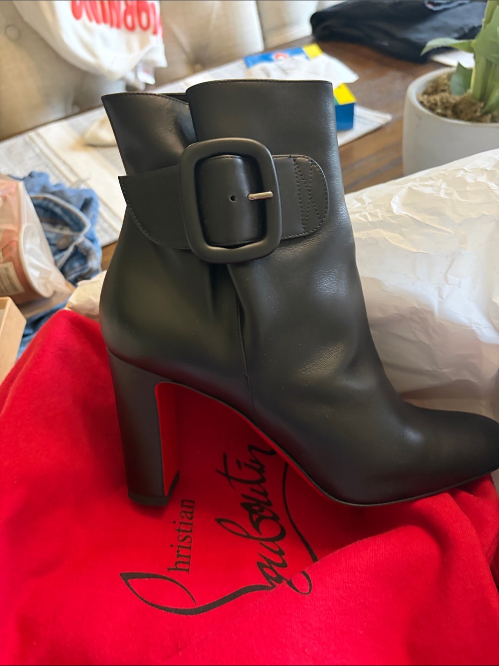 Christian Louboutin Black Leather Buckle Block Heel Ankle Boot